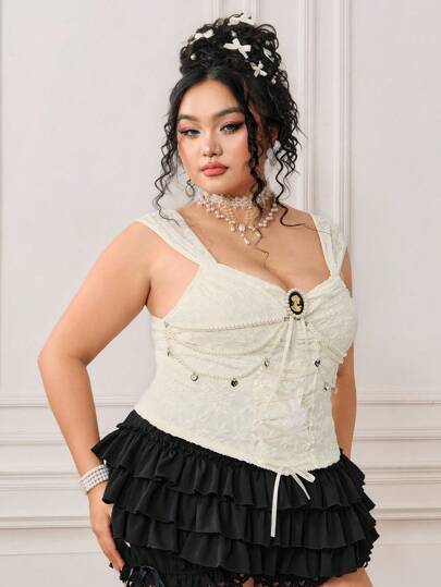 EDITION Plus Size Women Pearl Chain Decor Tie Strap Fashion Camisole