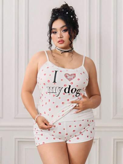 Kawaii Plus Size Women Slogan & Heart Print Camisole And Shorts 2pcs Set, Casual