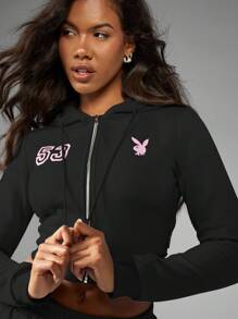 Missguided x Playboy 兔子标志短款拉链连帽卫衣，带有数字 53 细节，现代运动秋冬休闲街头服饰 - 黑色 - 查看 6