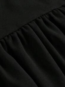 SHEIN 女童纯色针织拼布泡泡袖修身迷你连衣裙 - 黑色 - 查看 6