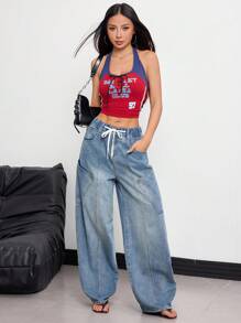 SHEIN EZwear Damen Lässig Alltags abgenutzte Schrägtasche Lose Jeans Hose - Helle Waschung - Übersicht 3