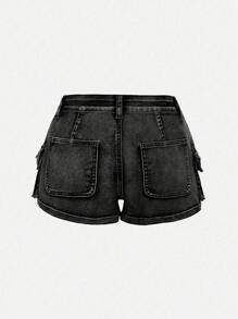 ROMWE Grunge Punk 夏季破洞低腰迷你牛仔短裤，朋克街头风 - 黑色 - 查看 3