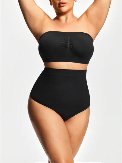 Shapelle Forme Plus Size Solid Tube Top & Hollow Out Shorts Sexy Shapewear Set