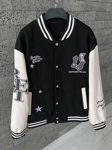 Manfinity Homme Herren Lässige Kontrast Farbige Knopf-Oben Buchstaben Grafik Baseball Jacke Herren Collegejacke Schwarz und Weiß Jacke Streetwear Baseball Jacke Grafik Jacke Streetwear Jacke, Herbst - Schwarz - Übersicht 8