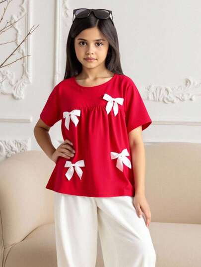SHEIN Leap Crew Tween Girls Loose Casual Round Neck Short Sleeve Contrast Bow Decor T-Shirt