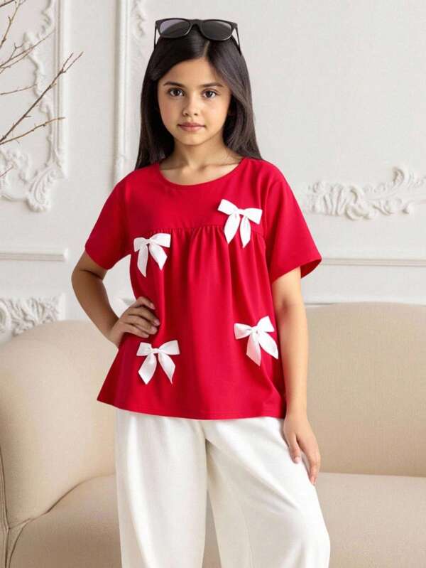 SHEIN Camiseta informal de manga corta y cuello redondo con lazo decorativo en contraste para niñas preadolescentes