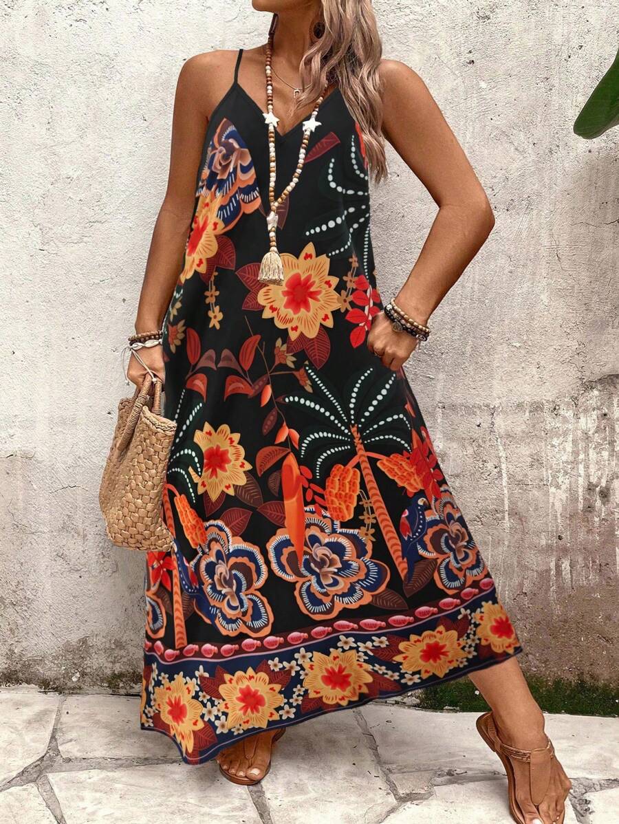 SHEIN Holidaya Plus Size Women Floral Print Loose Long Strap Casual/Work/Vacation Dress, For Summer - Black - View 1