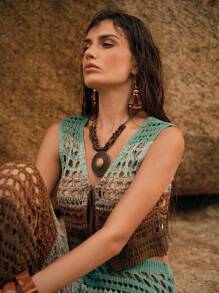 Swim Chiccia 女士镂空扭纹V领渐变色无袖罩衫