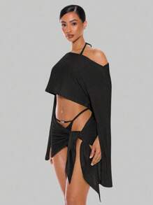 Musera Resort 不对称领口垂褶纹理长袖上衣，仅限夏季春季度假性感伊比沙岛海滩罩衫黑色秋季纯色 - 黑色 - 查看 5