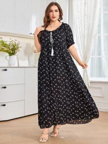 Al Najma Casual Allover Print Raglan Sleeve Loose Regular Spring/Summer Plus Size Women Arabic Dress - Black and White - View 4