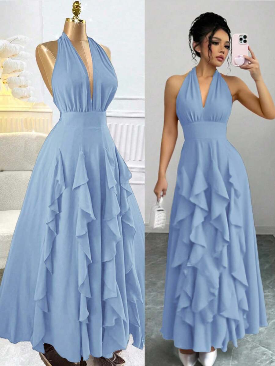 Rafferiza 女式红色波西米亚风浪漫优雅婚礼宾客毕业生日礼服晚装海滩太阳裙西方服装演唱会服装假日旅行 V 领 2025 春夏新款宽松休闲吊带随机免费肩带原创设计多层荷叶边蝴蝶结长款连衣裙 - 藍色 - 查看 1