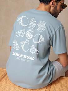 GENTILAND Men's Casual Lemon Print Loose Drop Shoulder Round Neck Short Sleeve T-Shirt - Blue - View 5