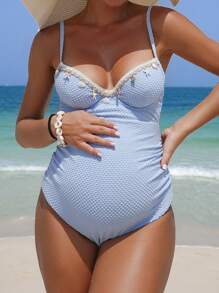 SHEIN One-Piece Elegant Maternity Swimsuit With Underwire, Vacation Style For Summer
