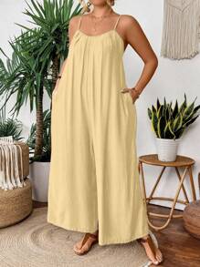 SHEIN Holidaya Plus Size Summer Solid Color Pleated Loose Slant Pocket Sleeveless Jumpsuit Summer Jumpsuit For Women Wide Leg Jumpsuit Women Casual Jumpsuit Halter Jumpsuit