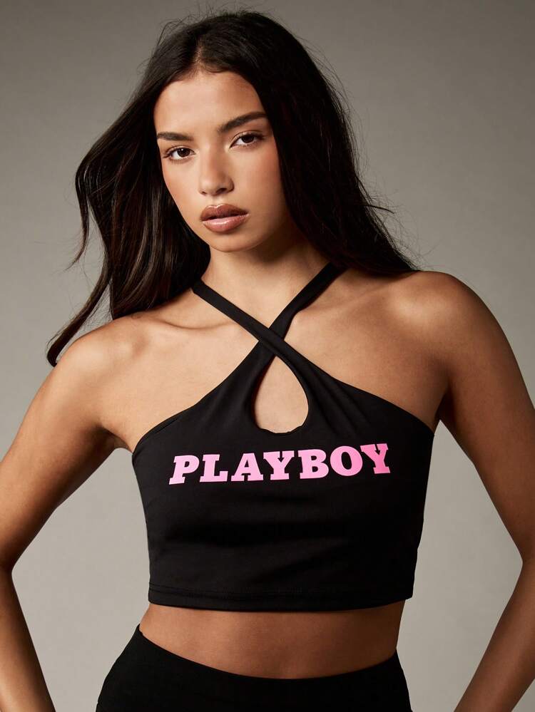 Missguided x Playboy Top corto con scollo a canottiera e incrocio di spalline, abbigliamento da festival e da discoteca estivo, senza maniche