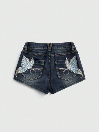 Fairycore Shorts en jean mini vintage déchiré pour femmes avec design de papillon brodé. Style de rue sexy pour les vacances d'été