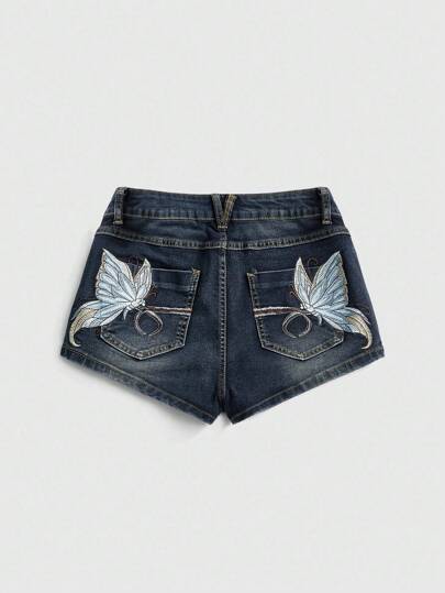 Fairycore Damen Vintage Y2K zerrissene Denim-Mini-Shorts mit gesticktem Schmetterlingsmuster, sexy Streetstyle für den Sommerurlaub