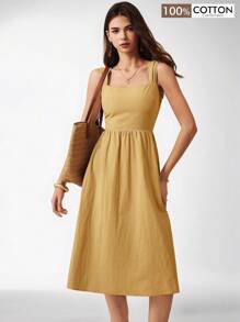 Poéselle 女式夏季纯色褶皱休闲无袖连衣裙 - 黃色 - 查看 1