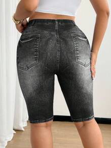 SHEIN MOOSTA Quần short Bermuda in họa tiết denim mùa xuân/hè cỡ lớn, quần legging thể thao dễ thương thường ngày - màu đen - Xem 2