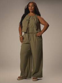 MUSERA Plus Ruched Tie Front Loose Fit Linen Look Top Holiday Swim Sexy Romantic Elegant Vanilla Spring Summer - Army Green - View 5