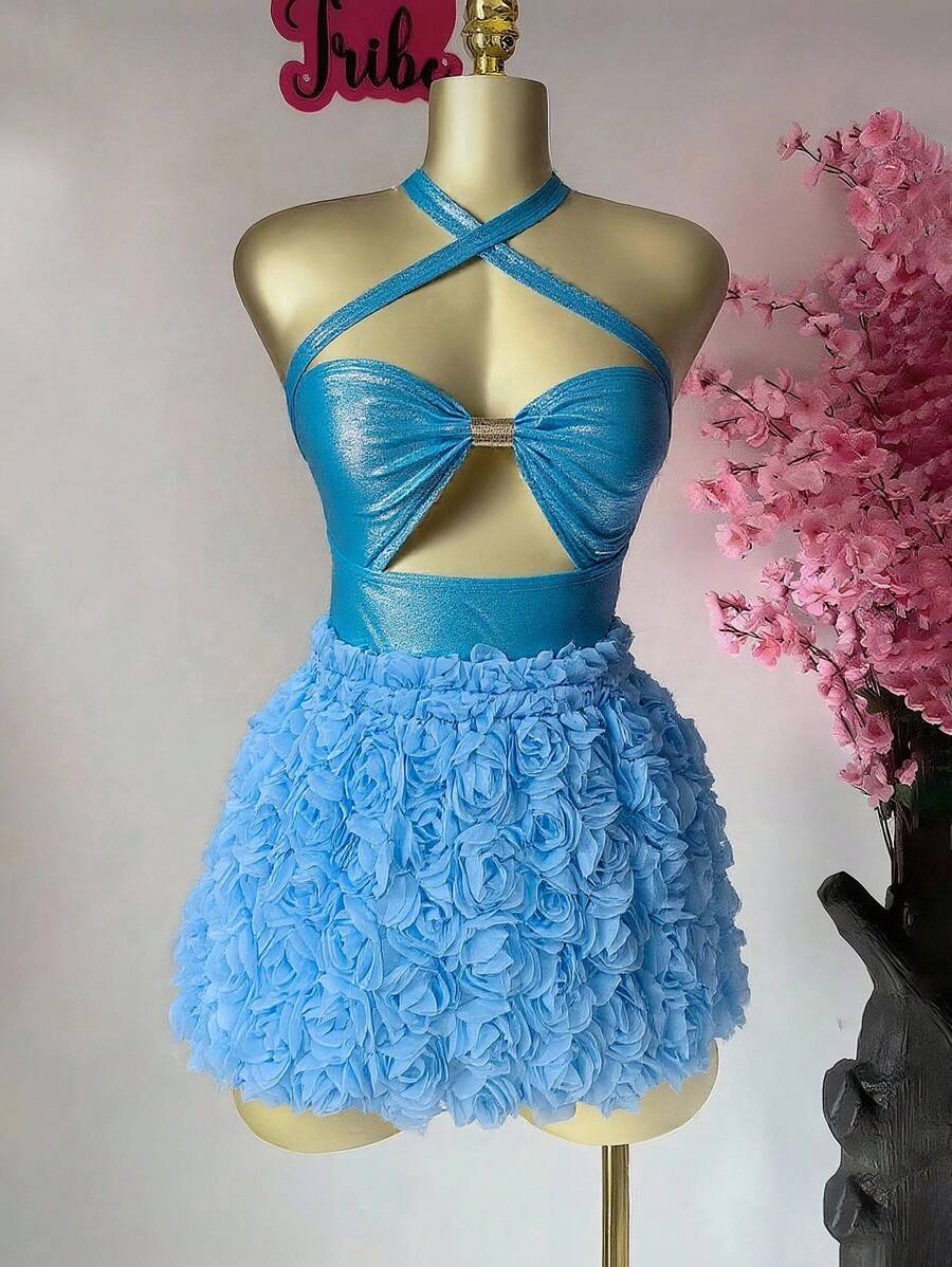 BamGleam Sexy Hollow Cross Tie Red Rose Dress - Blue - View 1