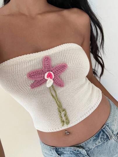 Aloruh Fitted Strapless Floral Knitted Crop Top, Cute & Sexy For Summer Vacation