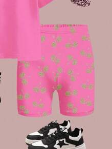 SHEIN 2 件套青少年女孩休闲宽松短袖 T 恤和紧身裤，适合夏季 - 彩色 - 查看 5