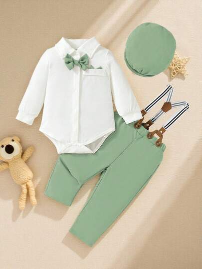 Souflis Souflis 3 件套男婴复古绅士装 - 马球领衬衫、背带裤、贝雷帽