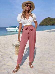 EURMUSE Solid Belted Cropped Trousers - Dusty Pink - View 4