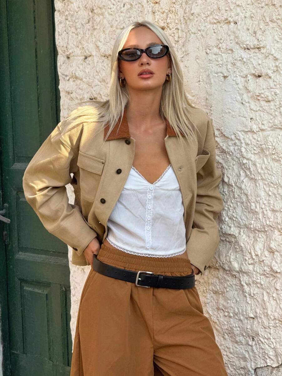 SHEIN ICON 秋冬复古宽松休闲卡其色夹克 - 卡其色 - 查看 1