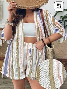 SHEIN VCAY 大码女式蓝白条纹衬衫和短裤针织两件套，夏季假日 - 彩色 - 查看 4