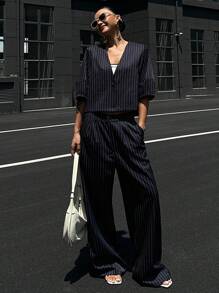 Livesso 2pcs Women V-Neck Striped Blouse And Casual Pants Set Lounge Sets For Women - Blue and White - View 5