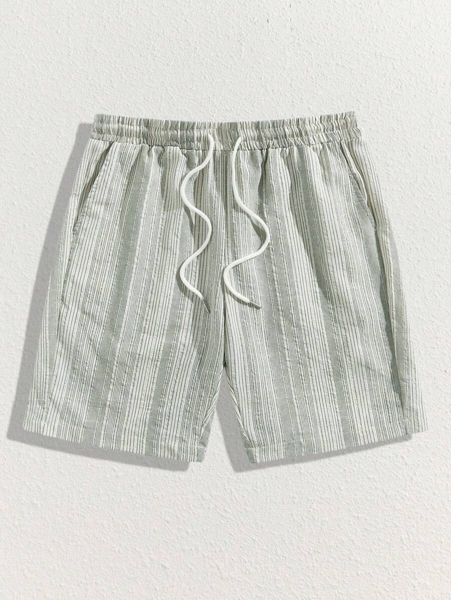 Manfinity VCAY Quần short nam dáng rộng, in họa tiết sọc dệt, có dây rút, eo có túi, quần short đến đầu gối, quần short đi nghỉ, quà tặng cho chồng, bạn trai - Nhiều màu - Xem 1