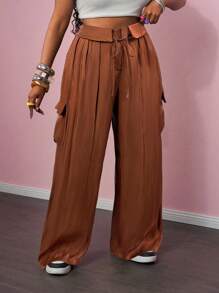 Slaydiva 2025春夏新款宽松腰工装口袋装饰阔腿大码裤-Z，适合音乐节、街头、度假