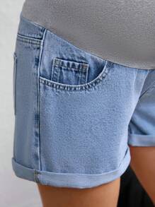 SHEIN Maternity Patchwork High Waist Pockets Casual Versatile Denim Shorts - Light Wash - View 4