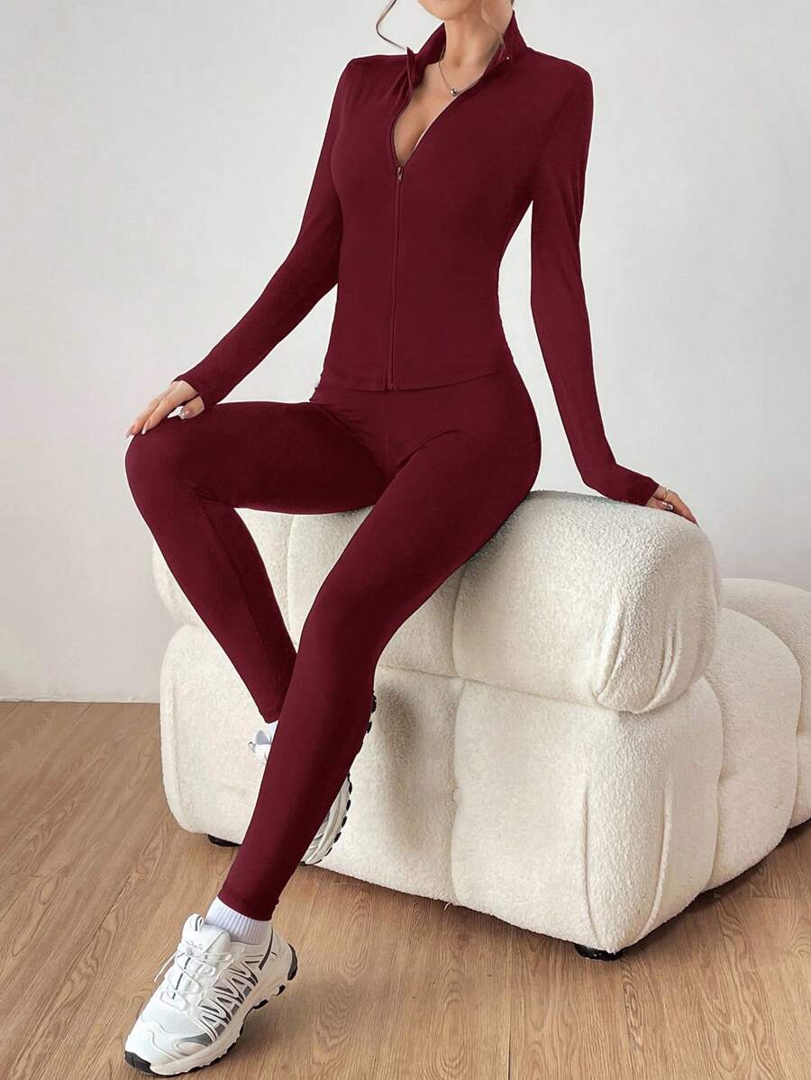 SHEIN EZwear Bộ đồ thể thao hai mảnh Claret Áo khoác có khóa kéo & Quần bó - Màu Đỏ Sâu - Xem 1