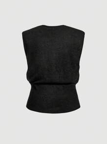 SHEIN MOD Plus Size Sleeveless Fitted Elastic Knit Top, Metal Button Closure, V-Neck Knit Tank, Dark Grey,Business Professional Women,Going Out Tops,Business Professional Women,Fall,Fall Tops