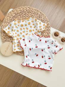嬰兒女童休閒花朵&櫻桃圖案短袖上衣2入組 - 彩色 - 查看 2
