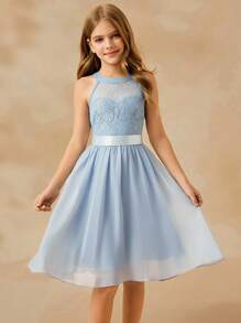 SHEIN Vestido corto para niña con encaje, parches y volantes en el bajo, cuello halter, adecuado para ser dama de honor, eventos formales, bodas, fiestas, cumpleaños - Lavado ligero - Ver 8