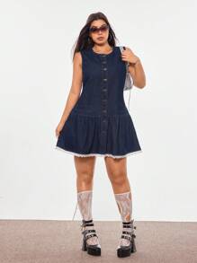SHEIN EZwear Plus Size Women Summer Casual Sleeveless Denim Dress With Round Neck, Single-Breasted, Ruffle Hem - Blue - View 6