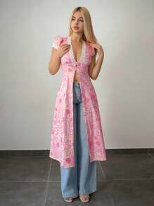 Sweetina Vintage Floral Print Long Slit Hem Women Shirt - Pink - View 3