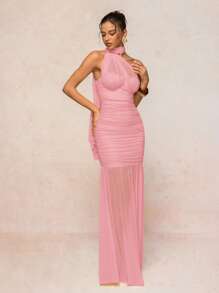 Lumalex Váy dài nữ có khăn quàng cổ, lưới mỏng, ngực nhún, chân váy bồng bềnh - Hồng - Xem 4