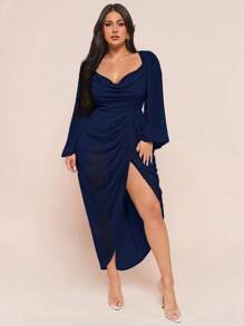 SHEIN BAE 女士加大码优雅派对/约会性感闪光亮片垂坠领口褶饰不对称下摆开衩长袖连衣裙，豌豆绿