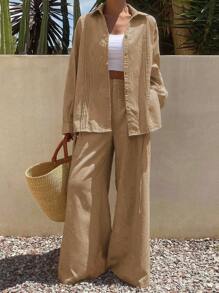 Livesso Conjunto informal de mujer compuesto por blusa plisada de unicolor y pantalones anchos de pierna ancha