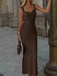 INAWLY Women Sexy Bodycon Maxi Knit Grad Dress For Vacation - Coffee Brown - View 2