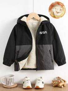 SHEIN 图案保暖内衬连帽夹克，适合年轻男孩，适合通勤、上学、日常休闲、度假、运动装，秋冬男童冬季外套，幼儿男童冬季外套，儿童冬季外套，男童羊毛夹克 - 黑色 - 查看 3