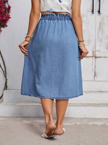 SHEIN Clasi Plus Size Summer Casual Button Decor Elastic Waist Denim A-Line Skirt - Blue - View 2