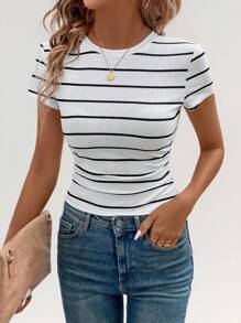 Wildy Athleisure Sport Run Biker Jog Basketball Tracksuit Women's Round Neck Waist Ruched Black & White Striped Casual Comfortable Fitted T-Shirt