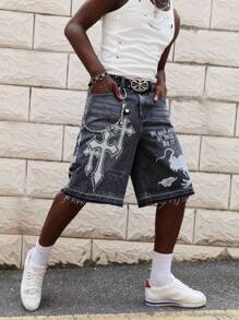 ROMWE MEN Street Life Men's Gothic Washed Cross Dragon Print Denim Shorts, Halloween - Black - View 6