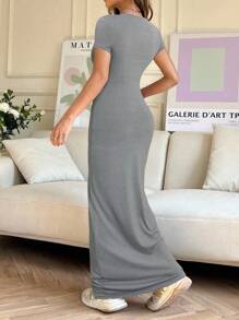 Muchica 女士夏季纯色圆领短袖紧身连衣裙